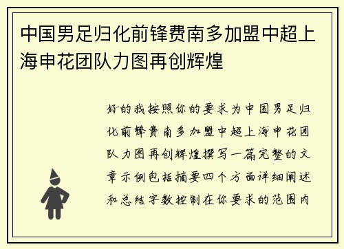中国男足归化前锋费南多加盟中超上海申花团队力图再创辉煌